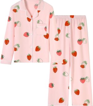 Girls & Women Pajamas Set Long Sleeve Button-Down Sleepwear Nightwear Soft  Set Loungewear