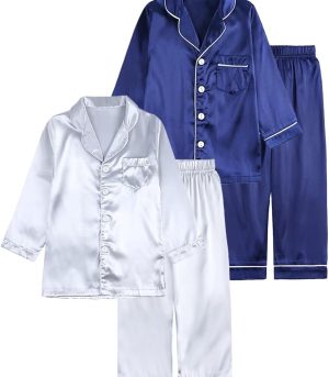 Boys  Silk Pajamas Set 4 Piece Long Sleeve Button-Up Top Summer Satin Pajamas Sets