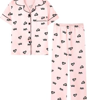Girls Womens Pajamas Set, Satin Silky Button Down Loungewear 2 Piece Short Sleeve Pants  Sets for Mommy Kids
