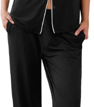 Women Pajamas Set Button Down Sleepwear Short Sleeve Nightwear with Long Pants Soft