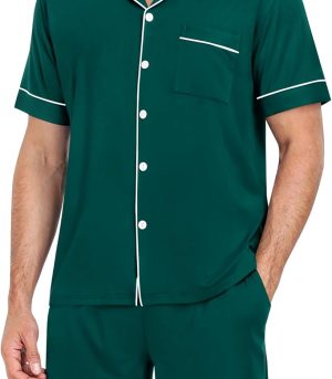 Mens Pajama Set Short Sleeve 2 PCS Sleepwear Button Down Soft Loungewear Modal Set Pj Set with Pockets