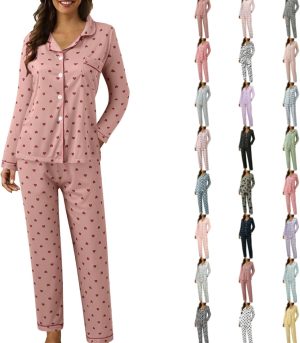Cute Pajama Sets for Women Long Sleeve Sleepwear Button Loungewear Soft 2 Piece Pj Set with Pockets Long Pants