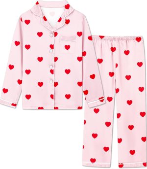 Girls & Womens Satin Pajamas Set, Silk Long Sleeve Nightwear Button-Down Sleepwear