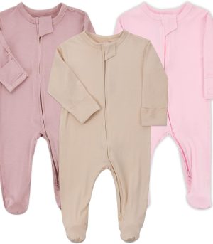 Baby Pajamas Bamboo Rayon Zipper, 3pcs Unisex Infant Outfit with Mitten One Piece Footie Sleepwear