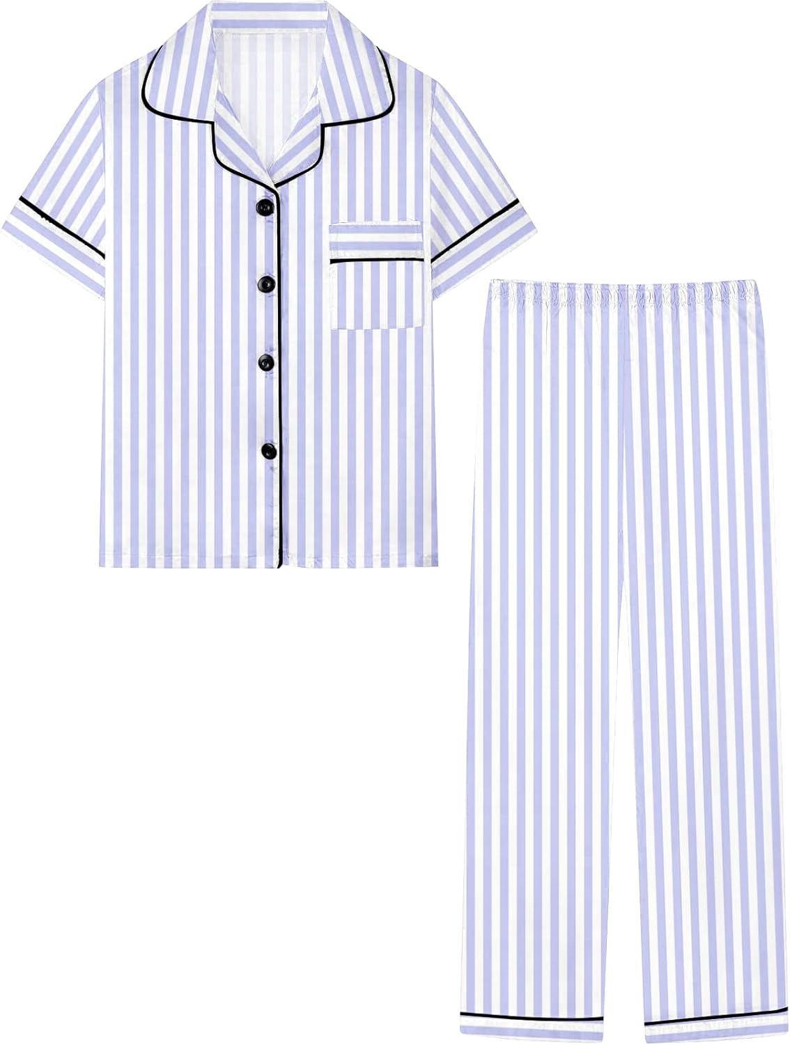 Girls Womens Pajamas Set, Satin Silky Button Down Loungewear 2 Piece Short Sleeve Pants Sets for Mommy Kids