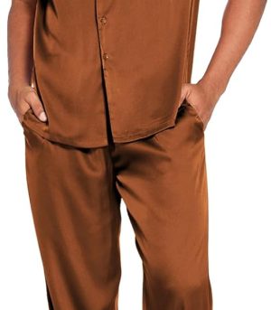 Men Satin Silk Pajamas Set 2 Piece Button Down  Long Pants Loungewear with Pockets