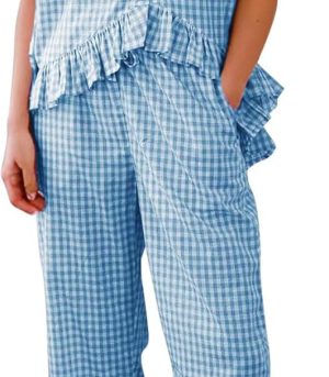 Womens 2 Piece Gingham Pajamas Set Cute Plaid Pjs Cotton Short Sleeve Babydoll Shirt Ruffle Pants Lounge Sets