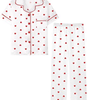 Girls Womens Pajamas Set, Satin Silky Button Down Loungewear 2 Piece Short Sleeve Pants  Sets for Mommy Kids