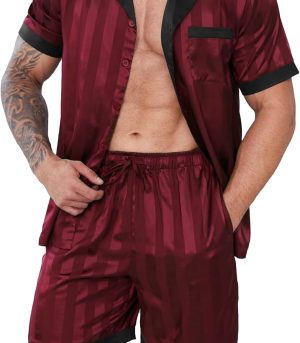 Mens Pajamas Set Satin Silk Pajama For Men  Shorts Sexy Nightwear Button Down 2 Piece