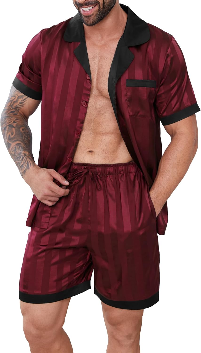 Mens Pajamas Set Satin Silk Pajama For Men Shorts Sexy Nightwear Button Down 2 Piece