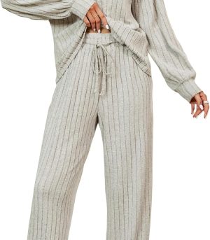 Womens Lounge Set Cute Long Sleeve Pajama Sets Casual 2 Piece Pj Outfit Fall Sleepwear Pockets