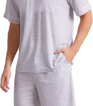Mens Pajama Set Short , 2 Piece Lightweight Pajamas for Men  with Pockets