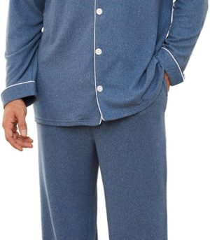 Mens  Pajama Set, Soft Warm Long   with Pockets Cozy Button-Down Pjs for Men