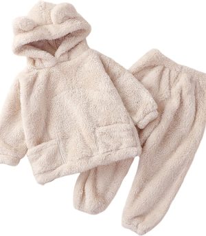 Girls Fleece Pajamas Fuzzy Pajamas Toddler Bear Hoodie and Pants Set Kids Winter Cozy Sleepwear Outfit