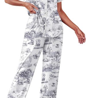 Women's Pajama Sets Button Down Loungewear Short Sleeve Sleepwear 2 Piece Pants Pjs Set with Pockets