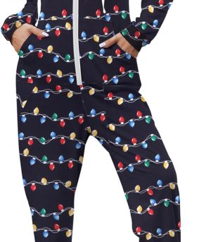 Christmas Onesies for Women Zipper Hooded Onesie Pajamas Adult Soft One Piece Pajama with Pockets