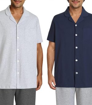 Men's Cotton Knit Sleep Shirt Button Down Pajama Top 2 Pack