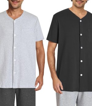 Men's Button Up Pajama Shirt Cotton Sleep Top 2 Pack