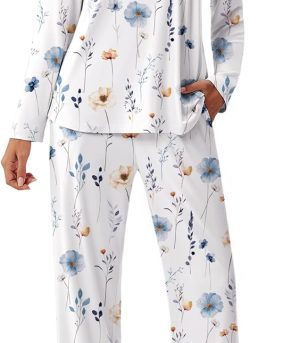 Womens Pajama Sets Pleated Tops with Long Pants Lounge Set Long Sleeve Fall Sleepwear Ladies