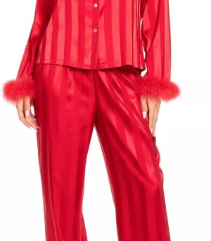 Women Satin Pajamas Striped Feather Trim Pjs Long Sleeve Button Down Shirt Pants Vacation Matching Silk Lounge Set