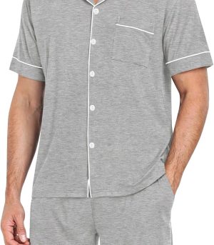 Mens Pajama Set Short Sleeve 2 PCS Sleepwear Button Down Soft Loungewear Modal Set Pj Set with Pockets