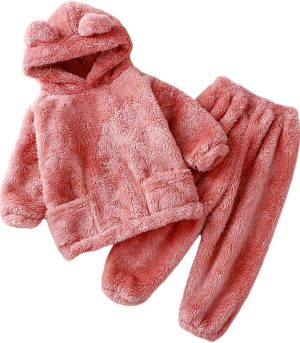 Girls Fleece Pajamas Fuzzy Pajamas Toddler Bear Hoodie and Pants Set Kids Winter Cozy Sleepwear Outfit