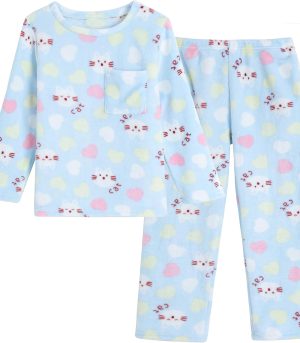 Big Kids Winter Flannel Pajama Sets Long Sleeve with Pants Cartoon Sleepwear Plush Fleece Nighty with Pockets
